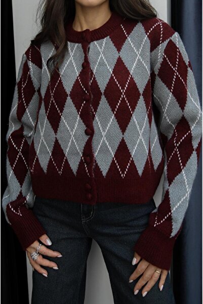Havoş Burgundy Gray Coated Buttoned Diamond Pattern Cardigan
