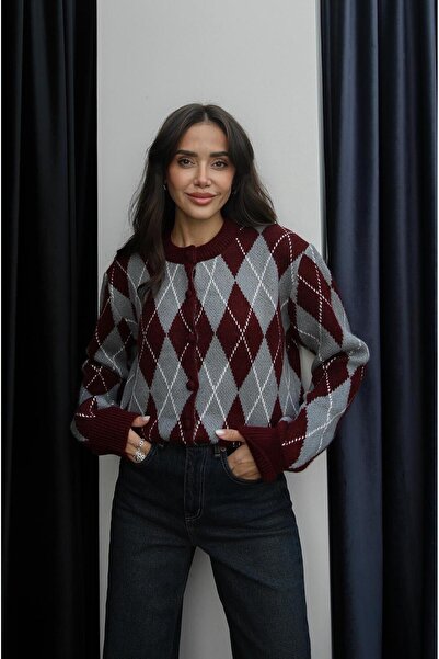 Havoş Burgundy Gray Coated Buttoned Diamond Pattern Cardigan