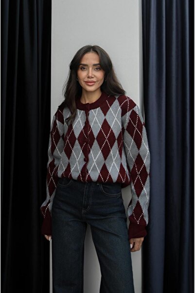 Havoş Burgundy Gray Coated Buttoned Diamond Pattern Cardigan