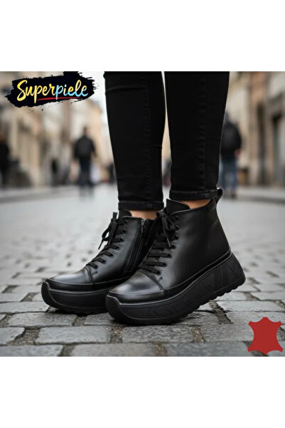 piele naturala Black women's sporty fur-lined leather boots with thick sole, laces and zipper