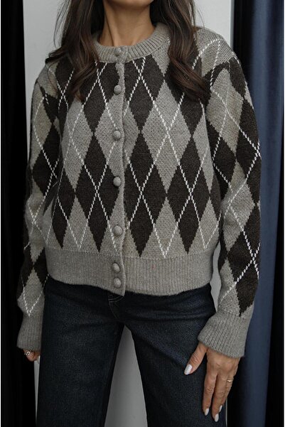 Havoş Mink Brown Coated Buttoned Diamond Pattern Cardigan