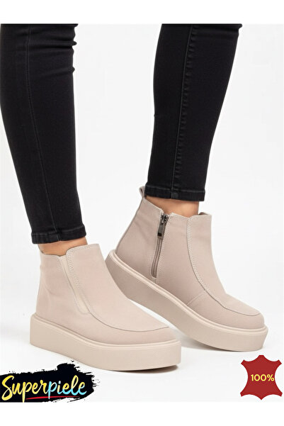 ANGEL BLUE Short women's suede leather ankle boots beige with elastic insert and zipper