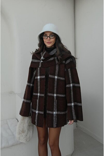 Havoş Brown Checkered Scarf Cardigan