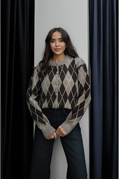 Havoş Mink Brown Coated Buttoned Diamond Pattern Cardigan