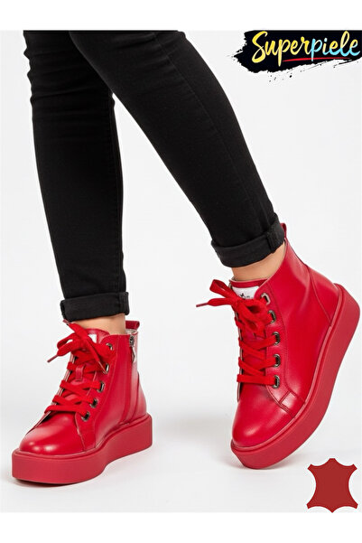 ANGEL BLUE Red short lined leather ankle boots with lace and side zipper AW2023-3