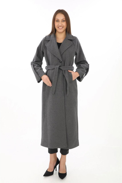 buğrahayalin Long Cashmere Coat – Woolen Woven Cashmere Fabric, Double-Breasted Collars, Belted Lined Hijab Suit