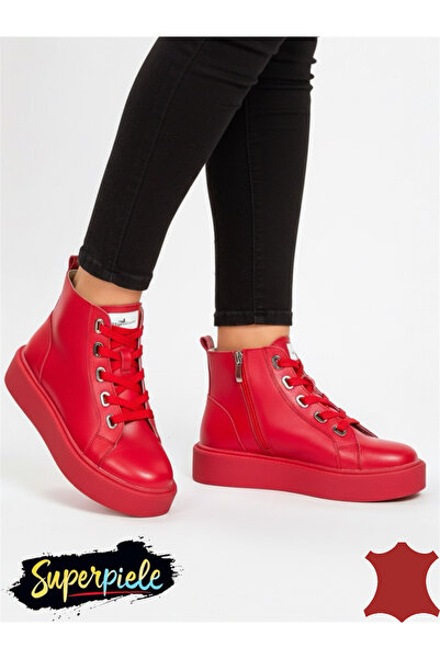 ANGEL BLUE Red short lined leather ankle boots with lace and side zipper AW2023-3