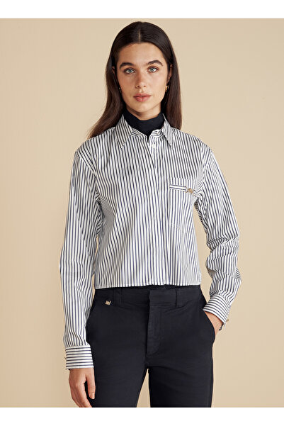 BROOKS BROTHERS Regular Fit Gömlek Yaka Çizgili Lacivert Kadın Gömlek Metal Logolu Cepli Crop Gömlek