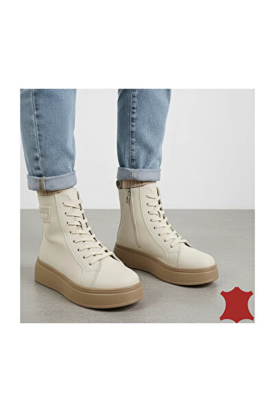 piele naturala Women's leather beige boots with thick brown sole