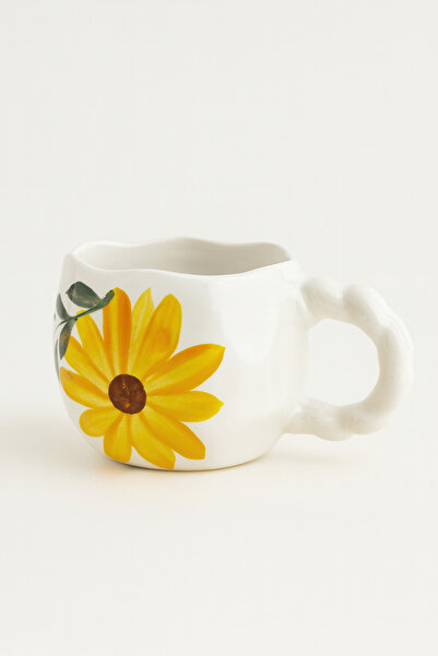 Çağ Seramik Ayçiçeği Desenli El Yapımı Seramik Kupa – Kulplu Krem Kahve Kupası