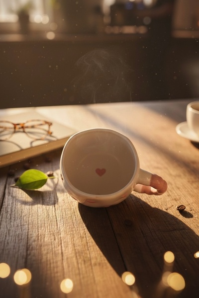 Çağ Seramik Kalp Desenli El Yapımı Seramik Kupa – Pembe Kulplu Krem Kahve Kupası