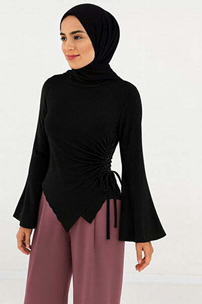 ELMODA Black Ruched Detail Asymmetric Sandy Blouse – Long Sleeve