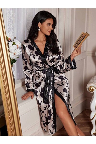 sempathy halat lung de damă din satin, imprimat cu flori