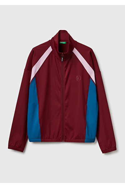 United Colors of Benetton Women's burgundy multi-color zip-up jacket