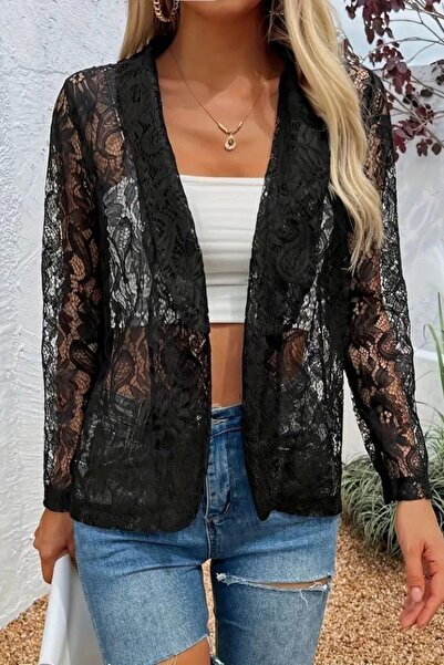 Mossta Front Open Long Sleeve Lace Jacket - Black