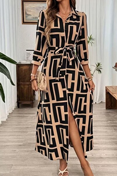 Mossta Μακρύ φόρεμα με μονόχρωμο μπλουζάκι με κουμπιά μπροστά - κίτρινο