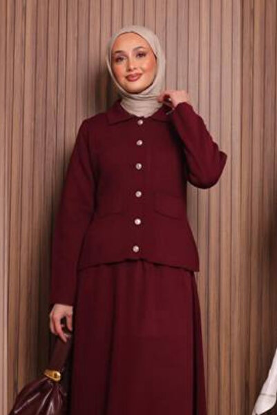 Balenbi Women's Tight Knit Polo Neck Cardigan with Skirt Hijab Knitwear Set 1151