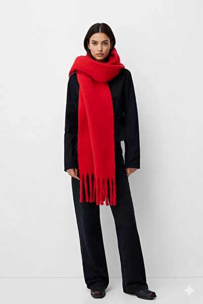 markazzi Long Fringed Feathered Winter Shawl Scarf |   Soft Textured Fashion Shoulder Shawl Red
