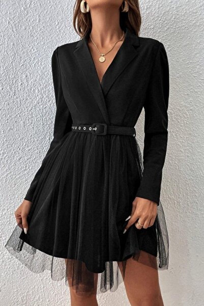 Mossta Κομψό Μίνι Φόρεμα Κρεπ Εισαγωγής με Λεπτομέρεια από Τούλι με Γιακά Μπλέιζερ - Μαύρο