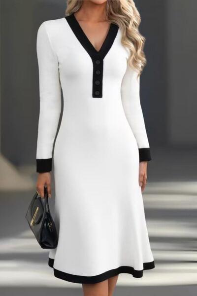 Mossta Φόρεμα Midi Modal με μακρυμάνικο λαιμόκοψη με κουμπιά - Λευκό