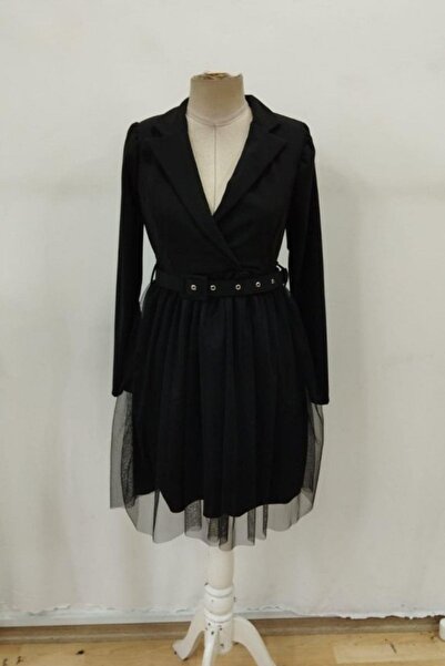 Mossta Κομψό Μίνι Φόρεμα Κρεπ Εισαγωγής με Λεπτομέρεια από Τούλι με Γιακά Μπλέιζερ - Μαύρο