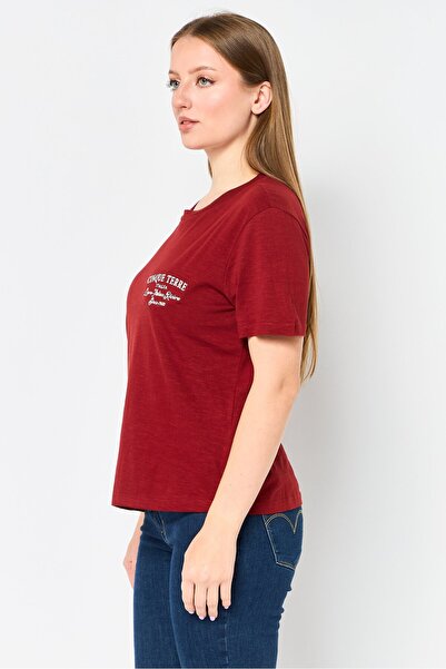 Brave Soul Women Crew Neck Short Sleeve Embroidered T-Shirt, Burgundy
