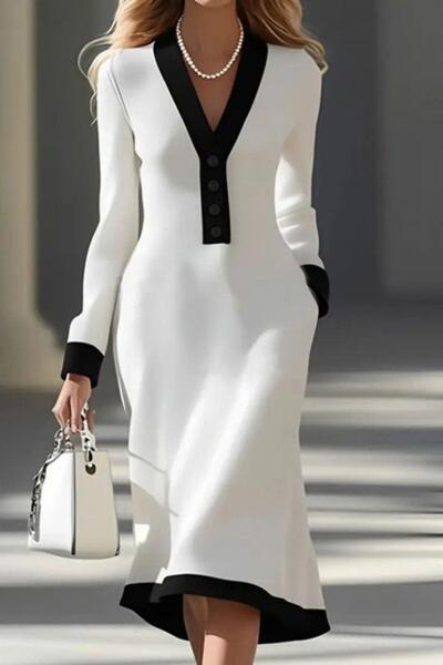 Mossta Φόρεμα Midi Modal με μακρυμάνικο λαιμόκοψη με κουμπιά - Λευκό