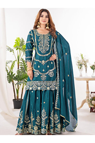 MYSMAR Blue Chinnon Silk Top Bottom & Dupatta - HRT3600 | Blue