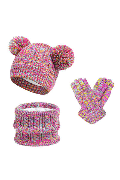NO BRAND Children's hat with pompom, three-piece set (hat + scarf + gloves) w...