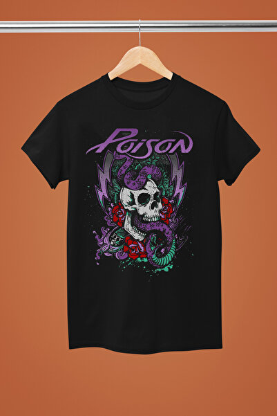 MAGORS تي شيرت روك قطني مطبوع عليه عبارة POISON THE ROCK BAND بأكمام قصيرة وق...