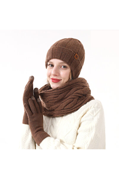 NO BRAND Three-piece winter set - hat, scarf and gloves with fleece lining fo...