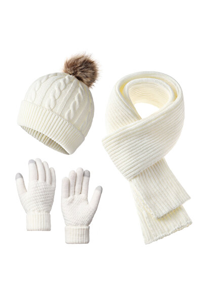 NO BRAND Winter thermal clothing, wool hat, scarf, gloves, white