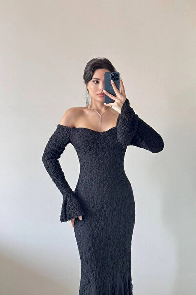 Eka Γυναικεία Μαύρη Φούστα Φόρεμα από σιφόν με λεπτομέρεια Garni δαντέλα 1041-2738