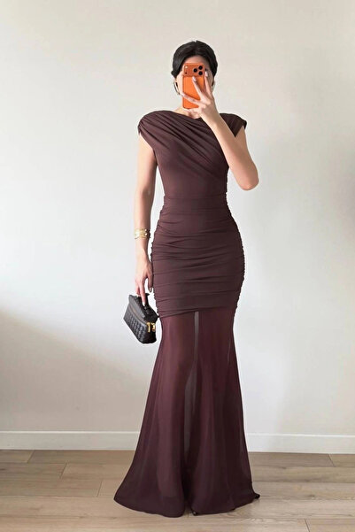 Eka Γυναικείο Φόρεμα Καφέ Πλαϊνό ντραπέ με Διαφανή Φούστα 1041-2636