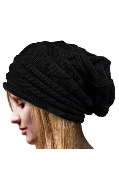 NO BRAND Hat with a brim, unisex knitted hat with a wide fit, winter hat, black