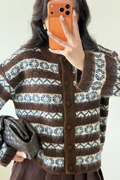 Eka Women's Brown Ethnic Pattern Oversized Cardigan 1014-2566
