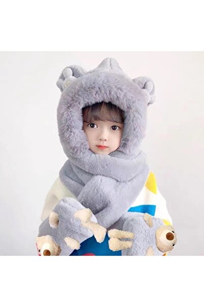 NO BRAND قبعة ووشاح للأطفال، مبطنة بالصوف وقماش سميك، رمادي