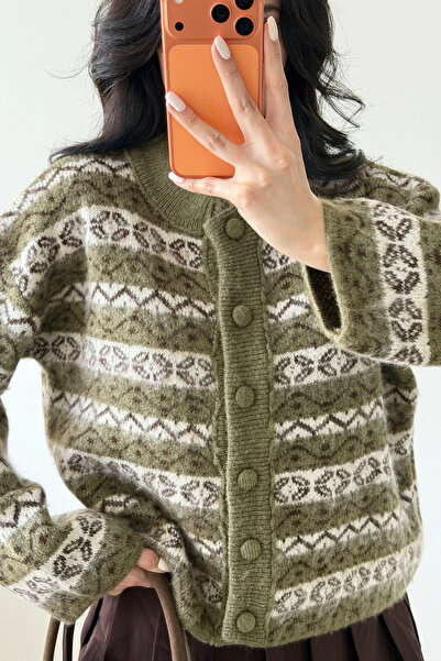 Eka Women's Khaki Ethnic Pattern Oversized Cardigan 1014-2566