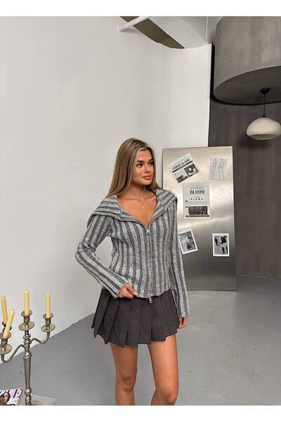 KECHİ WOMAN Madonna Collar Striped Double Zipper Knitwear