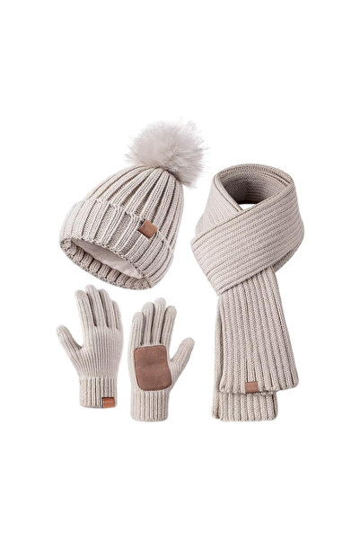 NO BRAND Women's winter hat, scarf and gloves set, including a pom-pom hat, l...