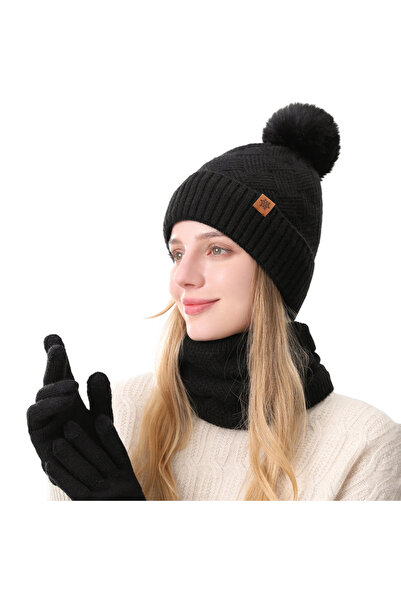 NO BRAND Three-piece set - warm knitted scarf, hat and gloves for outdoor use...