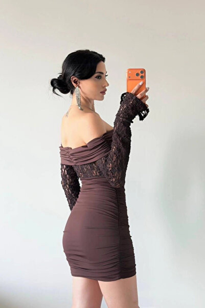 Eka Γυναικείο φόρεμα με καφέ δαντέλα στη μέση και στο στήθος 1041-2728