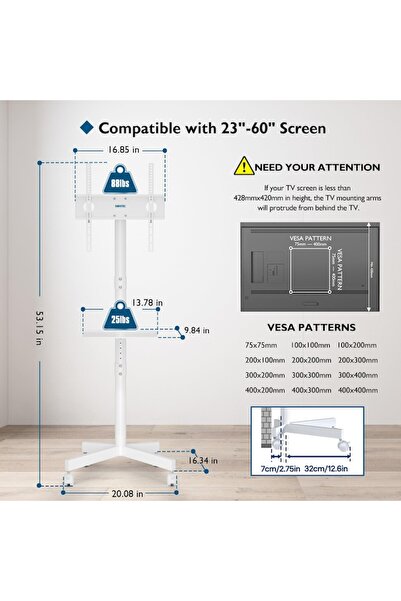 BONTEC Mobile TV stand, for 23–60 inch TV, up to 25 kg, VESA up to 400x400,