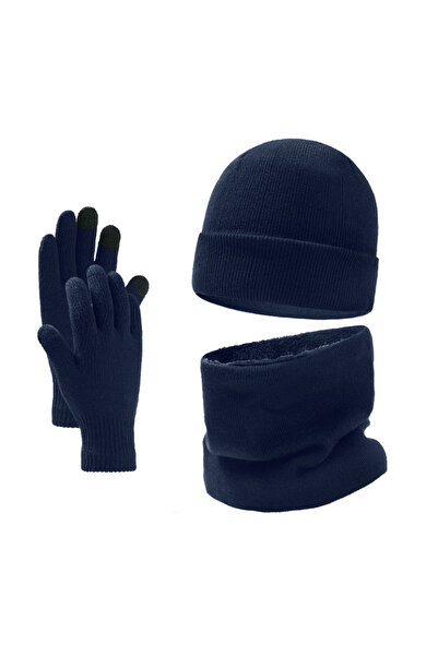 NO BRAND Men's winter knitted hat set in three parts: hat + scarf + gloves wi...