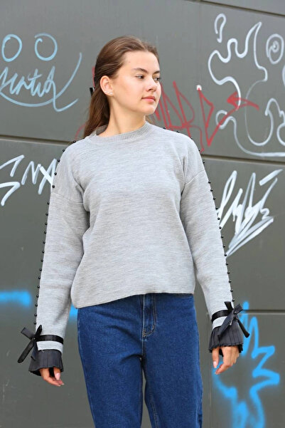 ZENGEZUR MALL Nrzsnt Beaded Detailed Sweater Gray (93026) (Size: Standard)