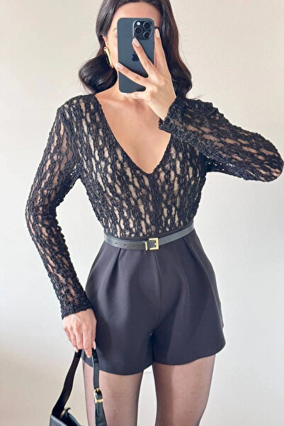 Eka Women's Black Lace Paneled Jumpsuit with Shorts 1041-2734