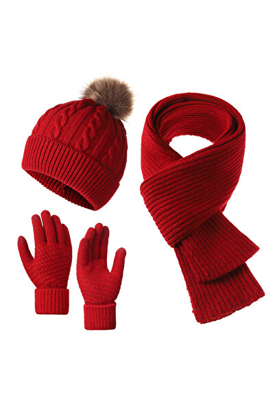 NO BRAND Women's autumn/winter hat, scarf and gloves set, three pieces, knitt...