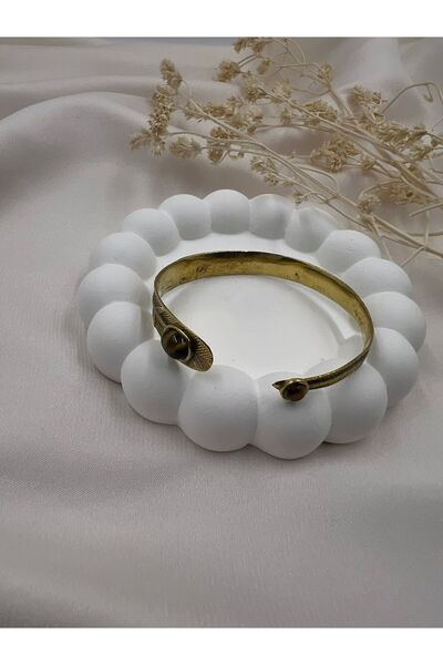 Lunarie Tiger's Eye Stone Detailed Feather Form Vintage Open Bracelet – Adjus...