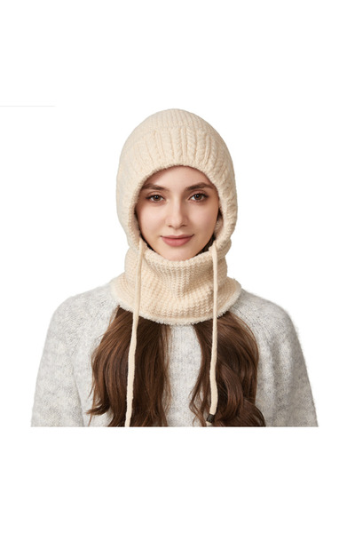NO BRAND Winter, warm, thick, fleece-lined hat/neck mask, beige wool cycling ...