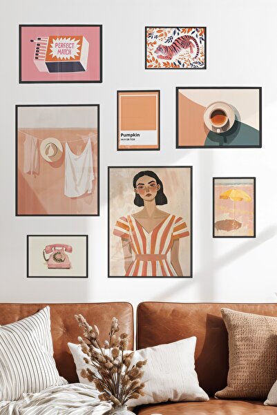 Postifull Çerçeveli Poster Seti, 8 Adet Siyah Çerçeve ve Poster Soft Pembe Ya...